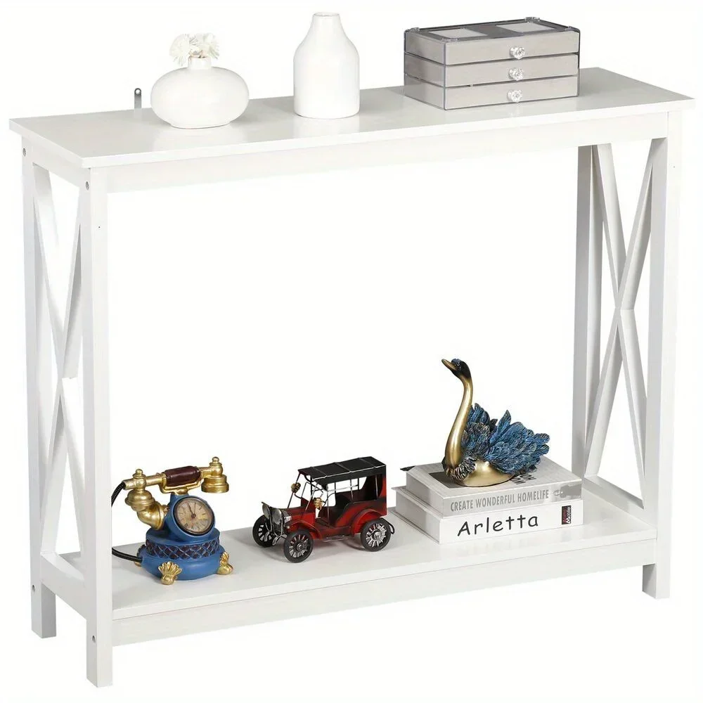 Wood Console Table for Entryway, 2-Tier Sofa Table Accent Table w/Storage Shelf for Living Room, Hall, Foyer, White 4