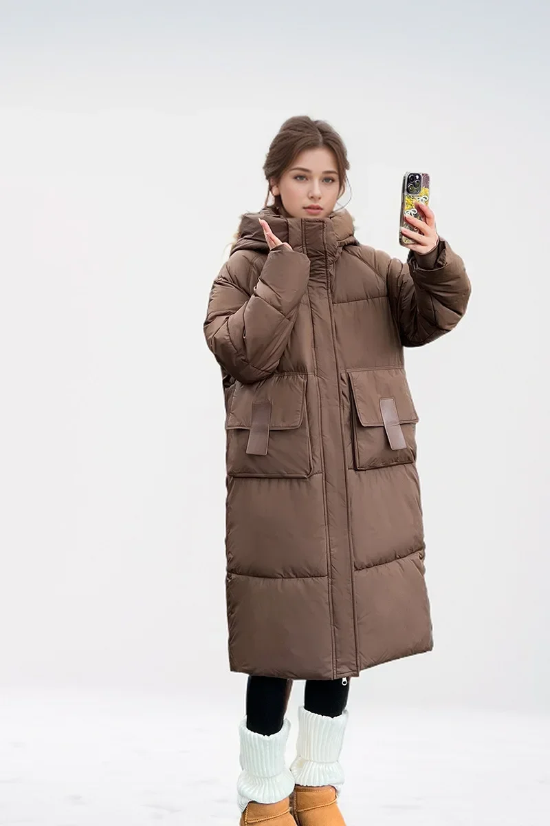 2024 New Woman Down Cotton Jacket Winter Long Coat Hooded Big Pockets Fashion Warm Thick Zipper Coat Female Winter Overcoat