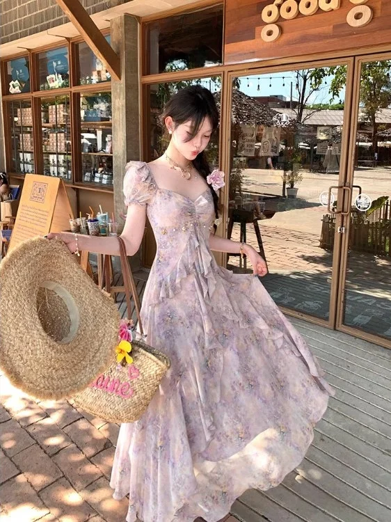 

plus Size Women's Summer New Sle adient Floral Print Strap Dr Slimming A-Line Skirt Commute Sle ort Sve Midi Dr