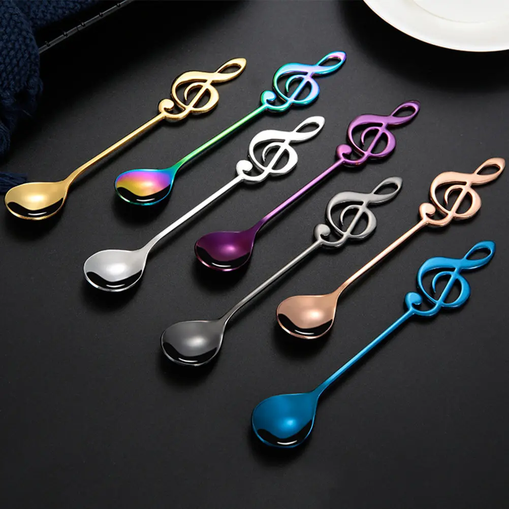 Stainless Steel Coffee Spoon Musical Note Pattern -Coated Stirring Spoon Dessert Scoop Kitchen Dining Tableware view 2