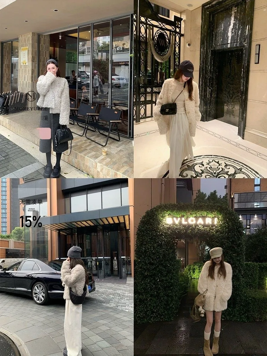 

YUYEE Vintage Australian eepskin Long ort Sles Eco-Friendly Fur Women's Loose Fit Long Sve French Retro Sle Coat