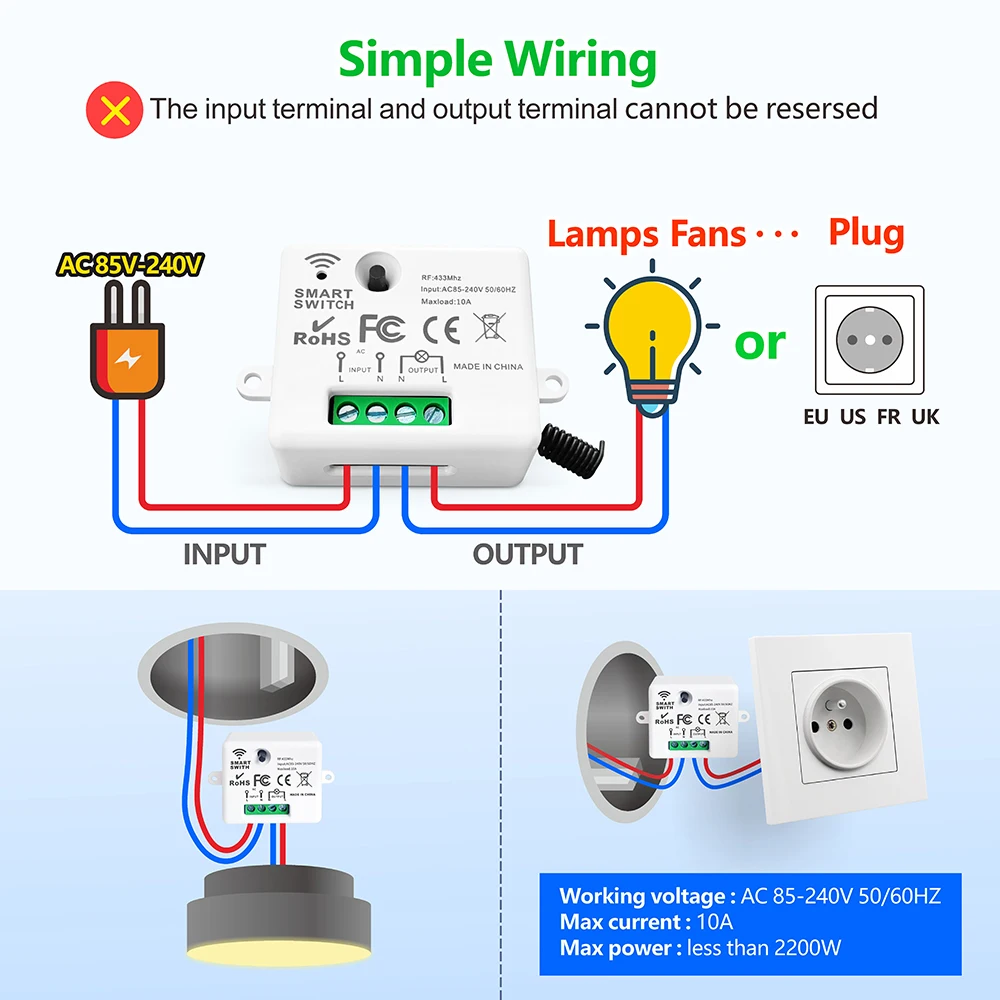 Interruptor de luz inteligente inalámbrico RF, 433MHz, 110V, 220V, Mini módulo receptor de relé, Control remoto 4 en 1, para lámpara de luz Led,