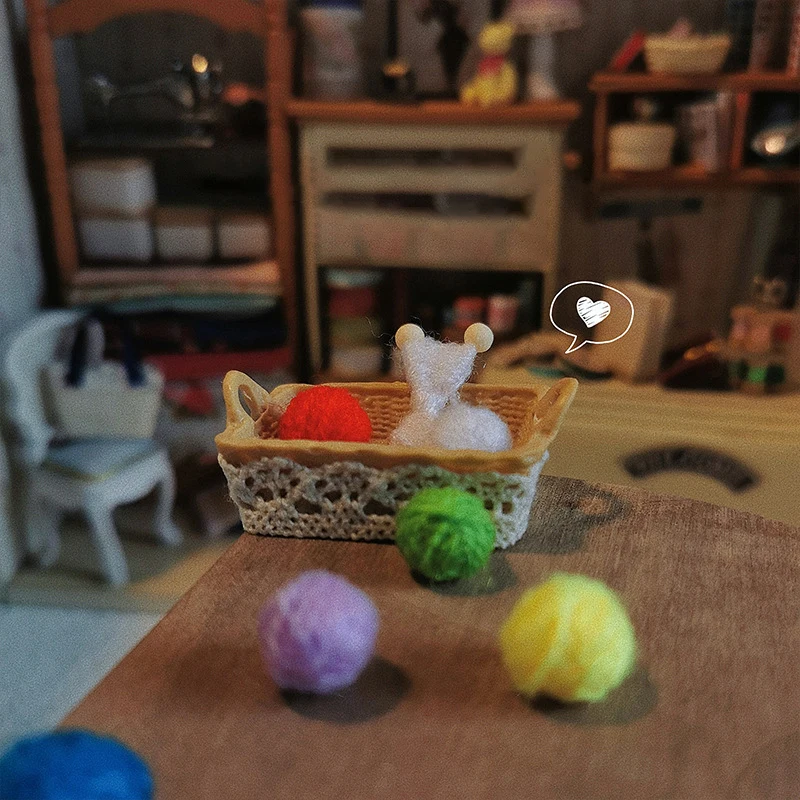 1Set miniatur rumah boneka wol benang bola jarum bola wol alat rajut keranjang Woolstring bola Set adegan rumah boneka Dekorasi Rumah