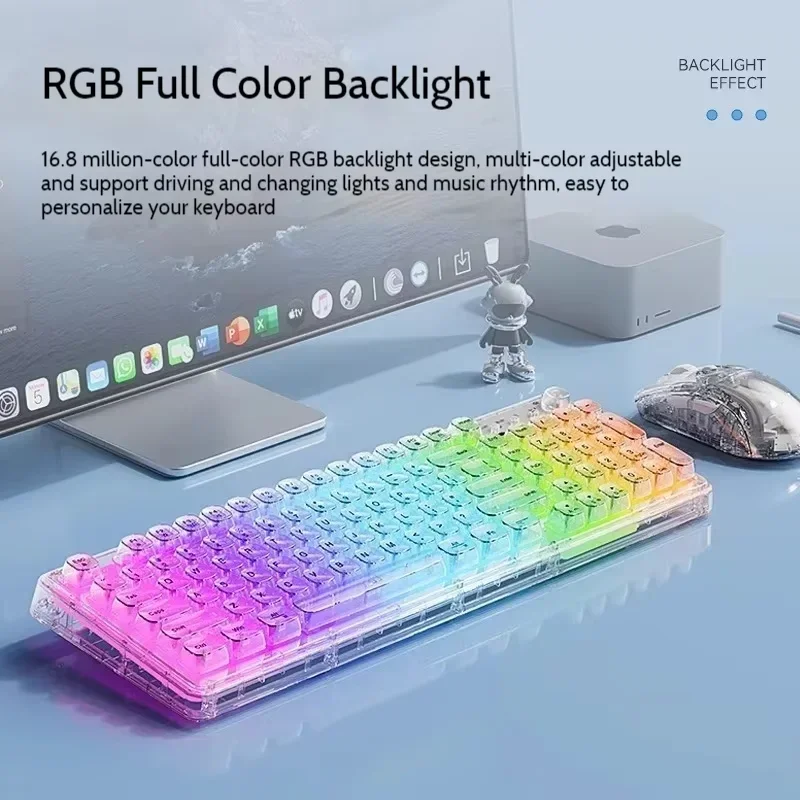 

Ice Transparent Keyboard Wireless Bluetooth USB Tri-mode Low Noise Click RGB Backlight Rechargeable Mechanical feel For Laptop