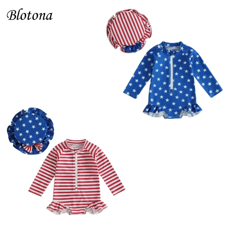 

Blotona Kids Girl Patriotic Swimsuits Star/Stripe Print Ruffles Zipper Rash Guard Swimwear and Swim Cap for Bathing Suits