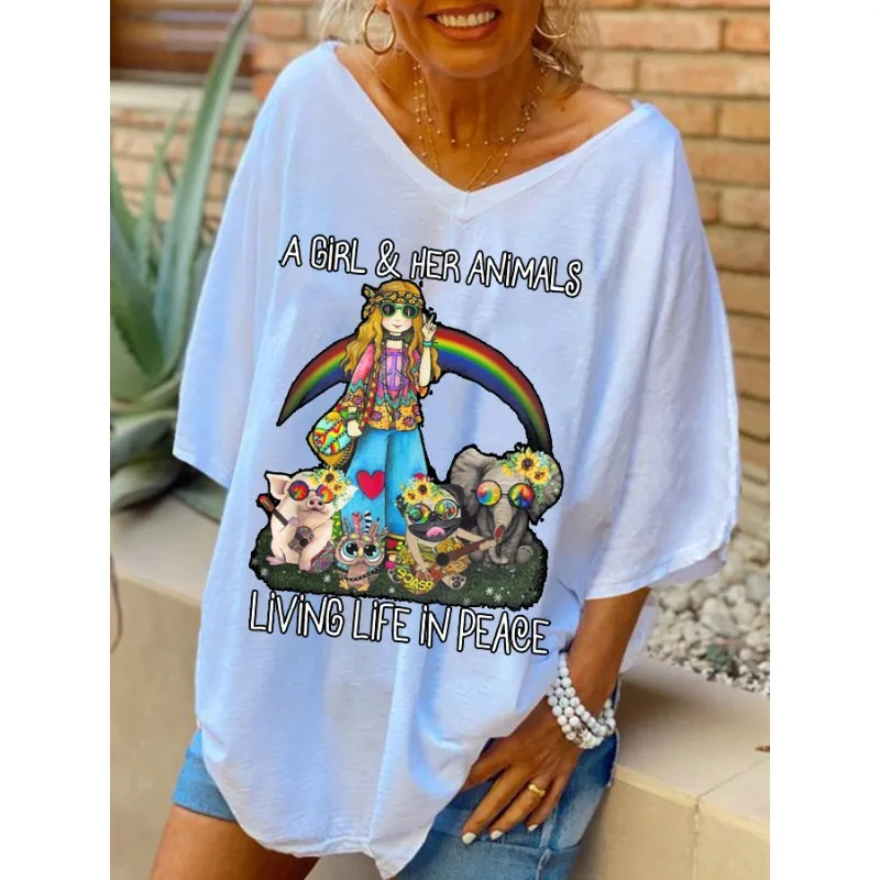 ilstile Women's Vintage Hippie Letter Print T-Shirts Summer Short Sleeve Casual Loose V Neck Long Tops White Tees New Arrival
