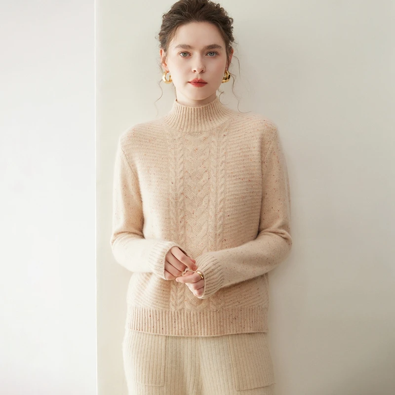 Sweter damski ze 100% kaszmiru, golf, żakardowy, pulower, jesień-zima, gruby, dzianina w warkocze, włóczka w kropki, odzież kaszmirowa, top.