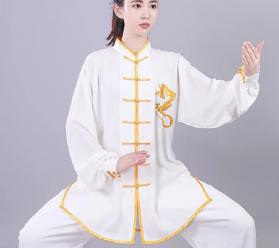 Wholesale New Chinese Men Women Kung Fu Suits Embroidered Golden Dragon Long Sleeve Tai Chi Martial Art Uniform Clothing Set