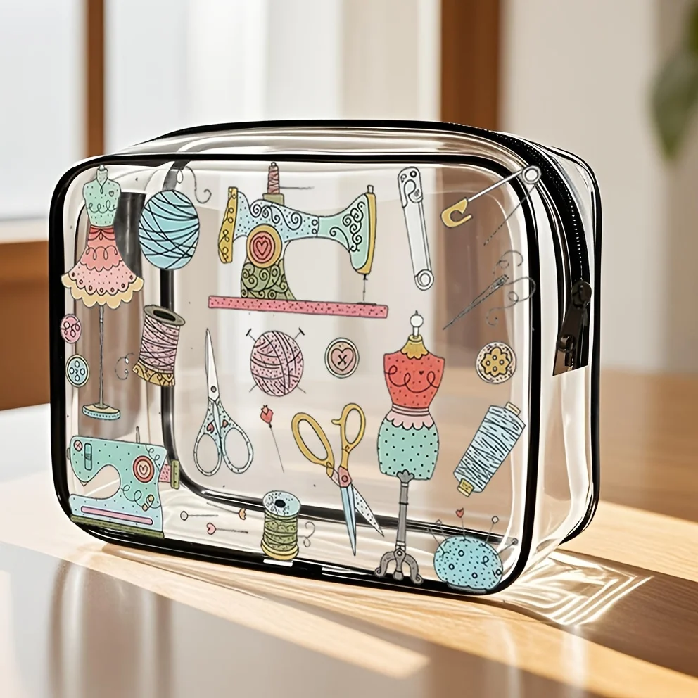 Clear PVC Sewing Enthusiast Makeup Bag & Portable Travel Toiletry Organizer Pouch
