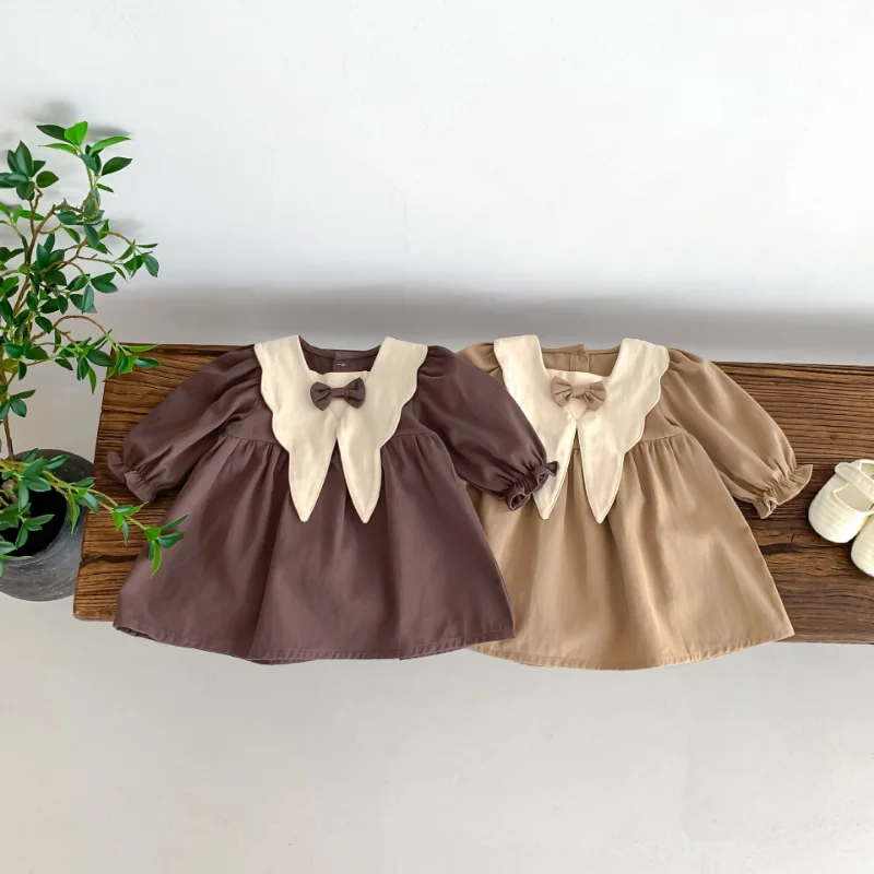 Korean Style Spring Autumn Baby Girl Dress Khaki/Coffee Patchwork Turn-down Collar Retro Princess Dresses Infant Clothes E494Z