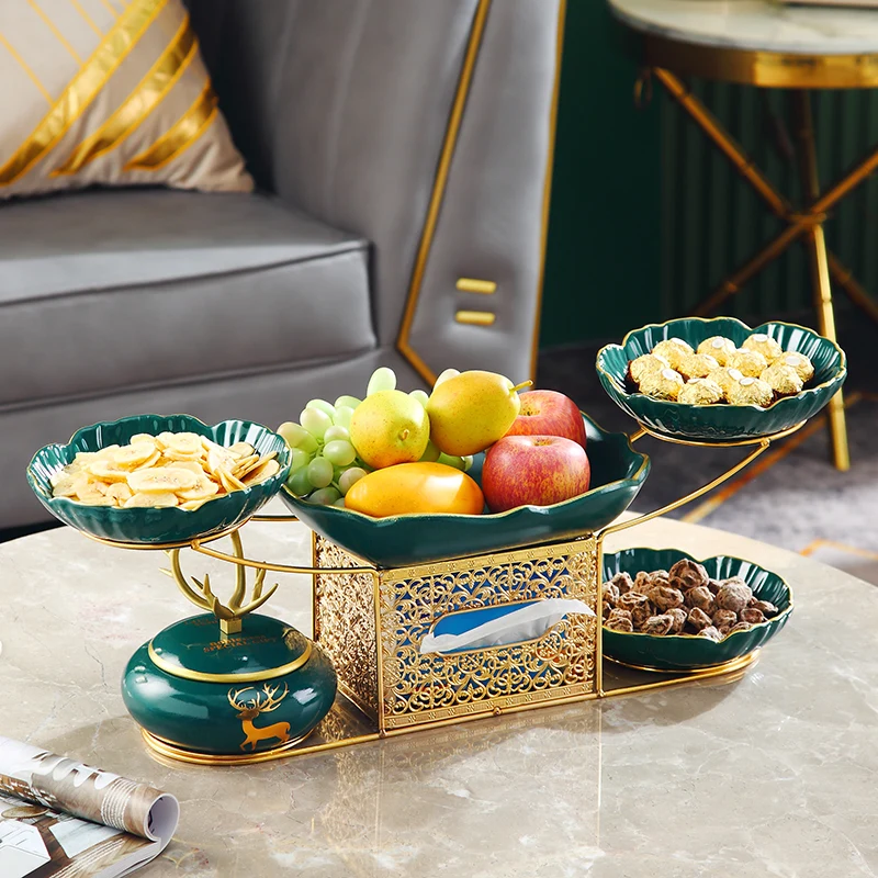 Deluxe Serving Tray Set With 5 Movable Ceramic Fruit Bowls Gold Stand and Tissue Box Creative Fruit Plate Tissue Box Decoration