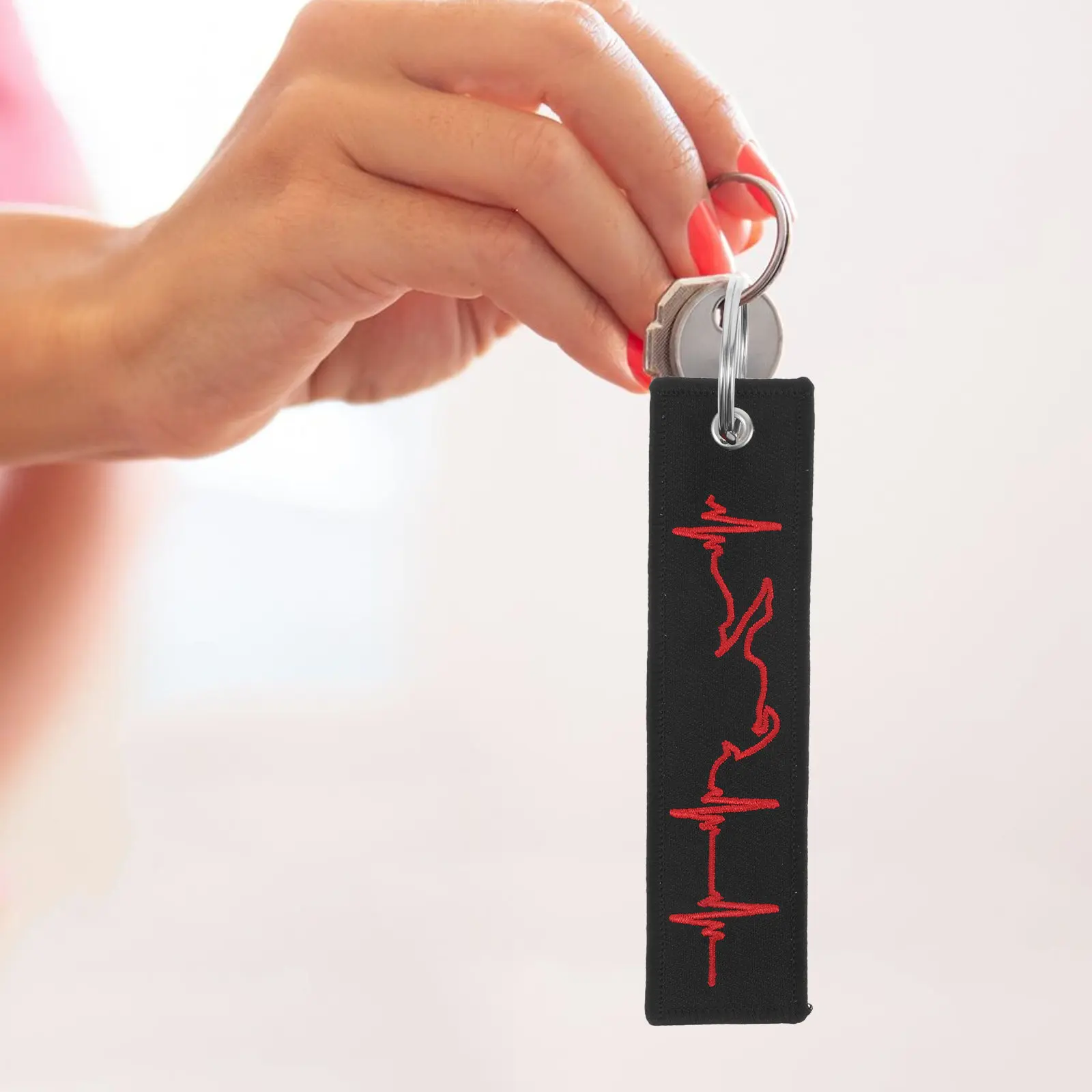 Red Electrocardiogram Racing Keychain Embroidered Polyester Key for Motorcycle Car Keys Unique Heartbeat Pattern Keychain