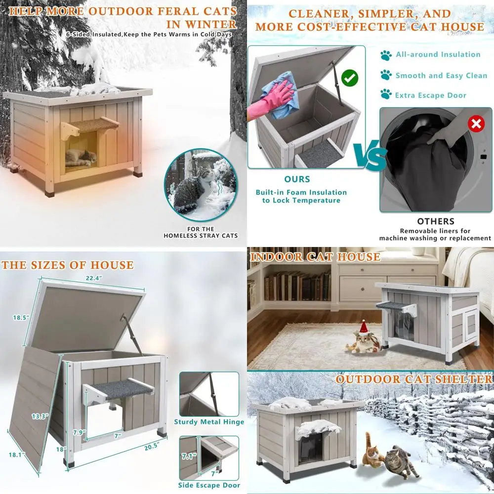 

Утепленный деревянный домик для кошек на открытом воздухе для зимы - всепогодный домик с удобной дверцей для кошек и мелких животных