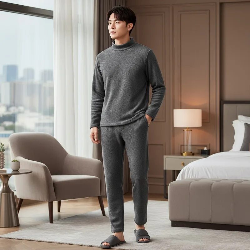 

Dark Gray Long-sleeved Suit, Wearing A Sincere T-shirt and Trousers in Winter Thickened and Warm.