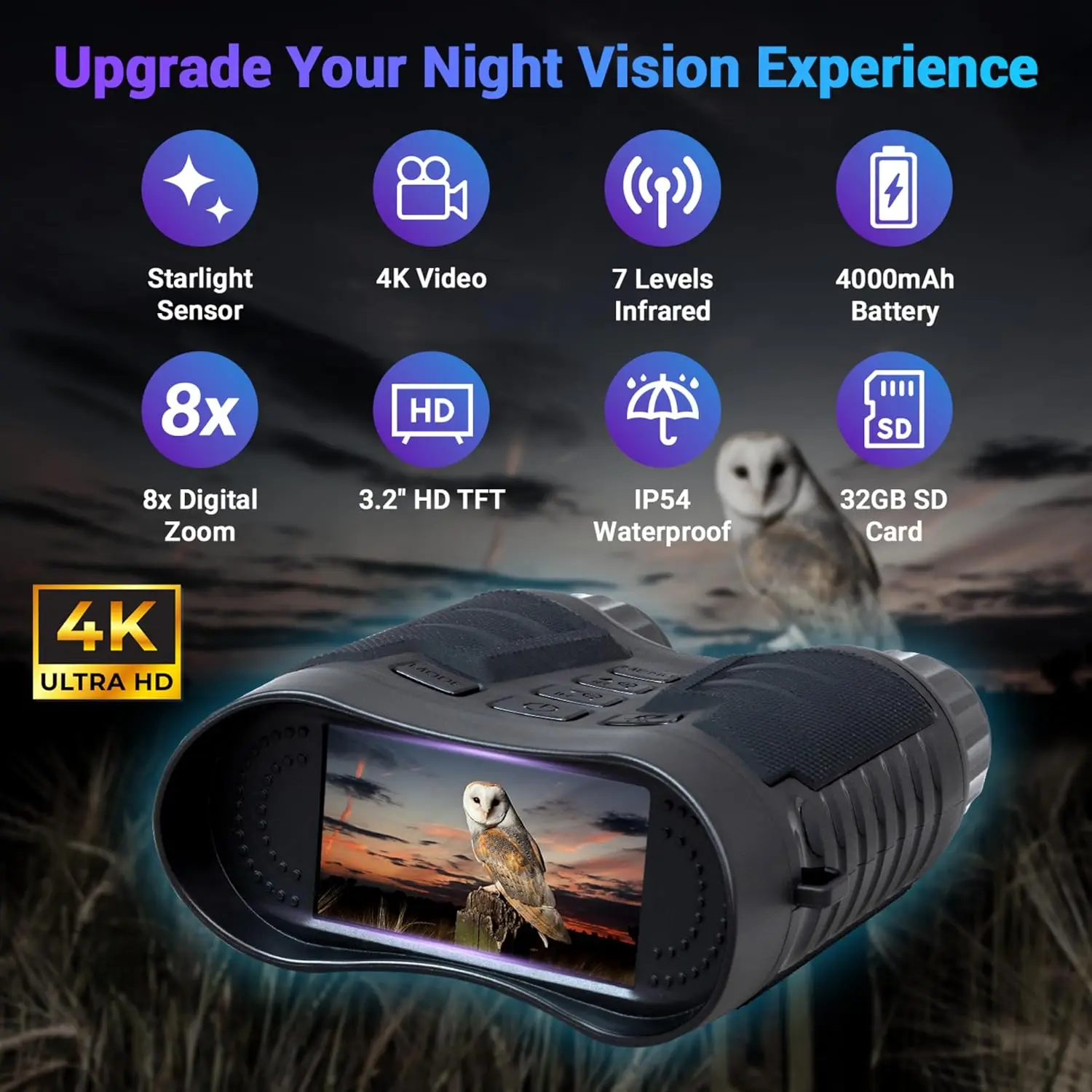 Night Vision Goggles - 4K Night Vision Binoculars, 8X Digital Zoom, 3.2'' Screen with 32GB SD Card