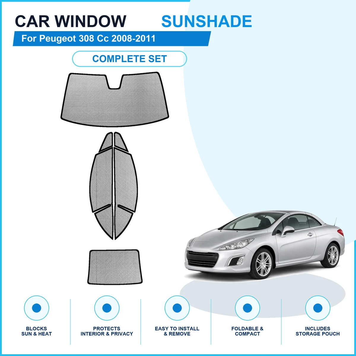 For Peugeot 308 Cc 2008-2011 Custom Full Set Window Sunshades Aluminum Foil Suction Cup Anti UV Privacy