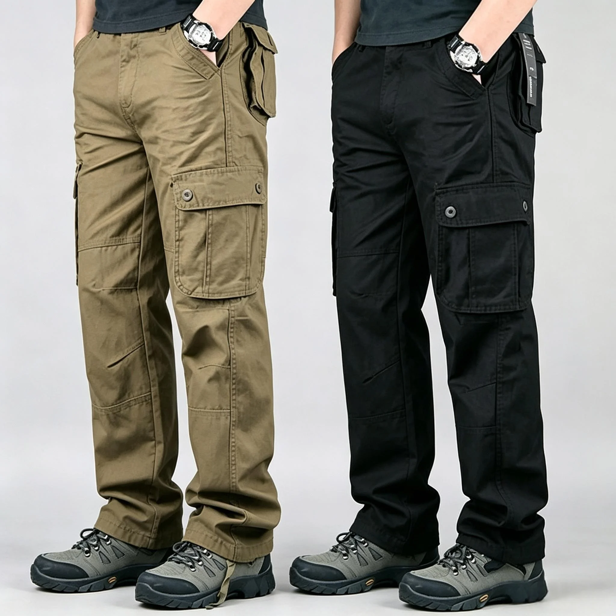 Men's Multi Pocket Cargo Pants Loose Straight Work Trousers Cotton Outdoor Hiking Tactical Casual