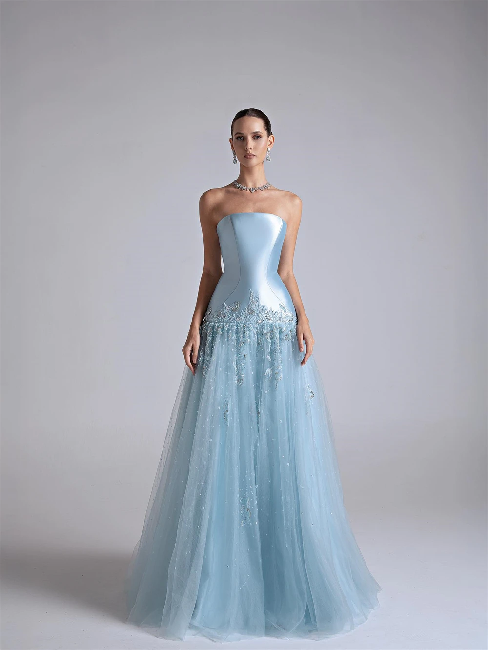 Customized Fashion Blue Tulle Evening Dress Elegant Sleeveless Homecoming Dresses High Quality Sweep Train Vestido De Festa