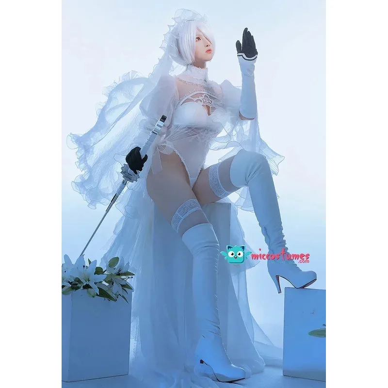 Miccostumes 2B White Black Costume with Veil Gloves for Women Wedding Dress Bride Cosplay