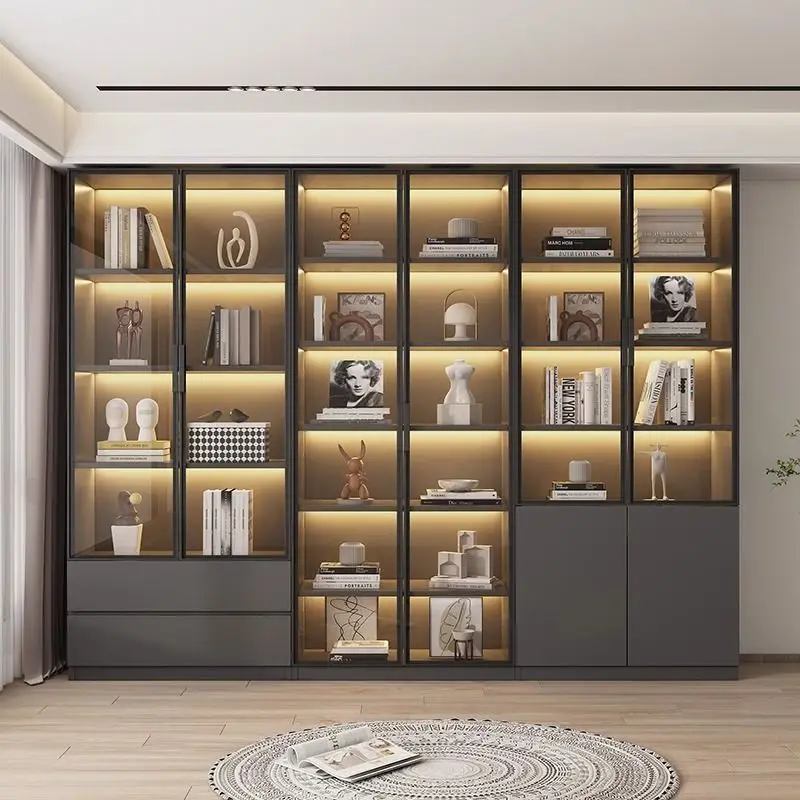 Light luxury bookcase integrated against the wall with glass door High-end household living room storage bookshelf Bookcase