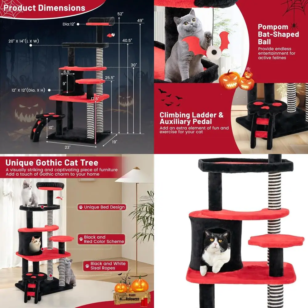 

6-уровневая кошачья стойка в готическом стиле: 52 дюймов, с сизалевыми стойками для когтетрения, лежанкой-гробом, домиком, лестницей, мячом-игрушкой для кошек, для домашнего использования