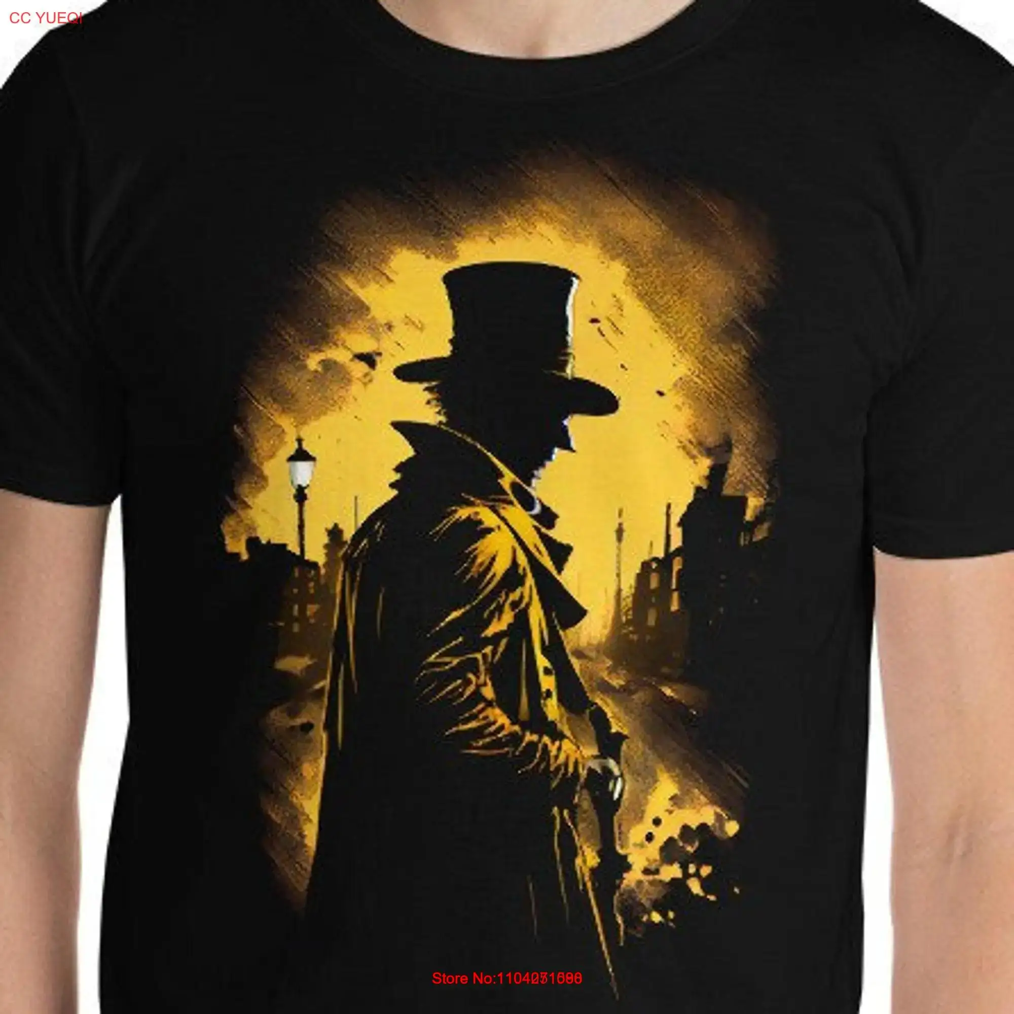 Jack The Ripper Stalking Streets of Whitechapel in Old London Town by Gaslight Monochrome Amber Black  T Shirt