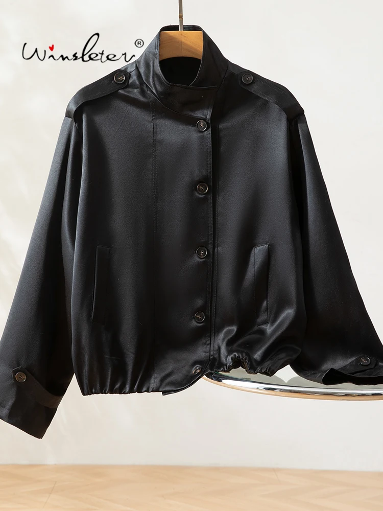 

Winsleter-56%Silk 40%Wool Elegant Coat, Stand Pocket Buttons, Women Fashion Moto Biker Loose Thick Coat, 2025 Winter C5D308CC