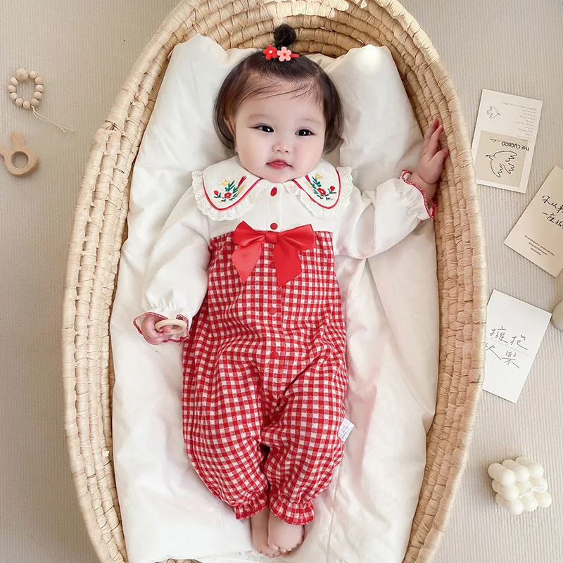 Baby Red Check Bodysuit Toddler Girls 1st Birthday Baptism Party Romper Infant Jumpsuit Newborn Bow Lace Embroidery Rompers