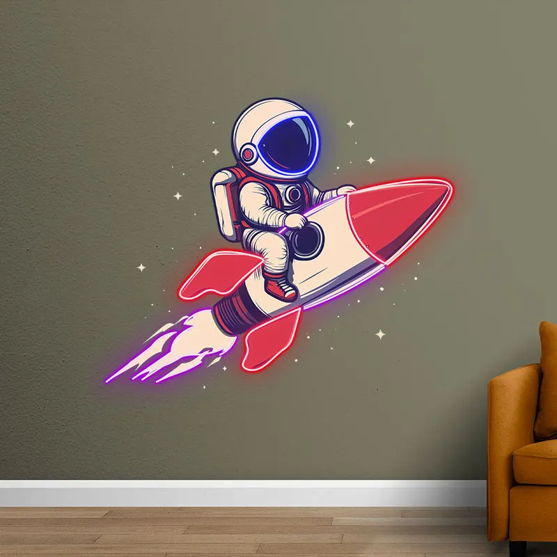 Astronaut Flying In Space On Rocket Custom LED Neon Sign, Creative Home Wall Decoration Night Light,  Perfect Birthday Gift