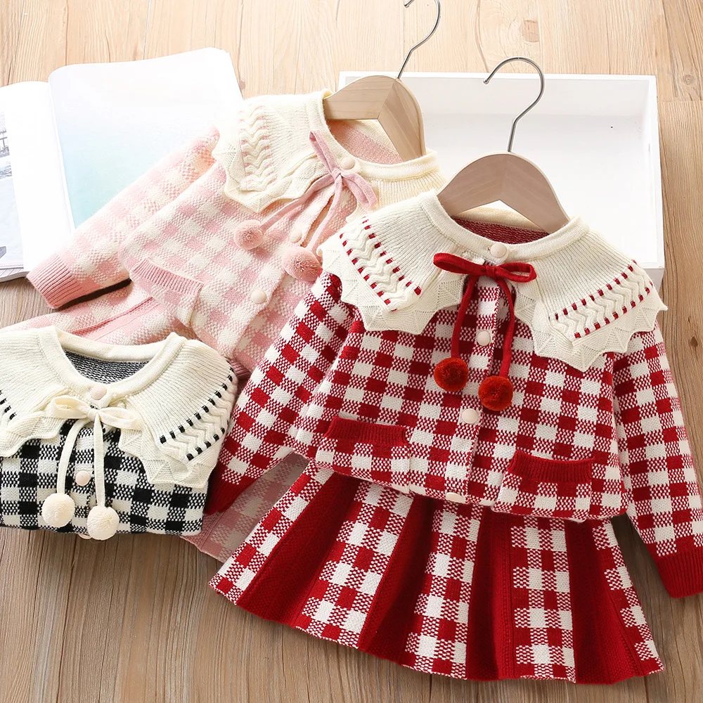 

Girls Clothes Sets Spring Autumn Children Woolen Jersey Sweaters Coats Skirts Party Dress Suit For Baby Knitted Outfits Kids 6Y