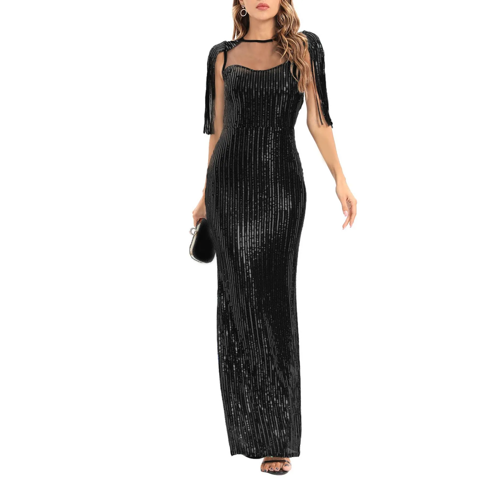 Vestido feminino outono cor sólida malha glitter brilhante lantejoulas sereia até o chão vestido de coquetel vestido de festa à noite плаajtя ж onderе