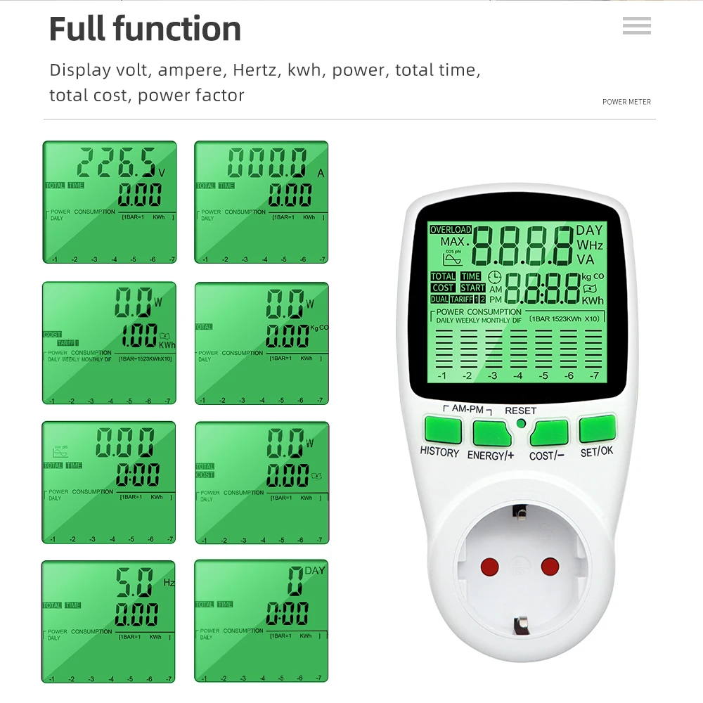 Digitaler Spannungs-Wattmeter, US/UK/EU-Steckdose, Energiezähler, Leistungsmesser für Wattzahl, kWh-Leistungsmesser mit Hintergrundbeleuchtung – Detail 9