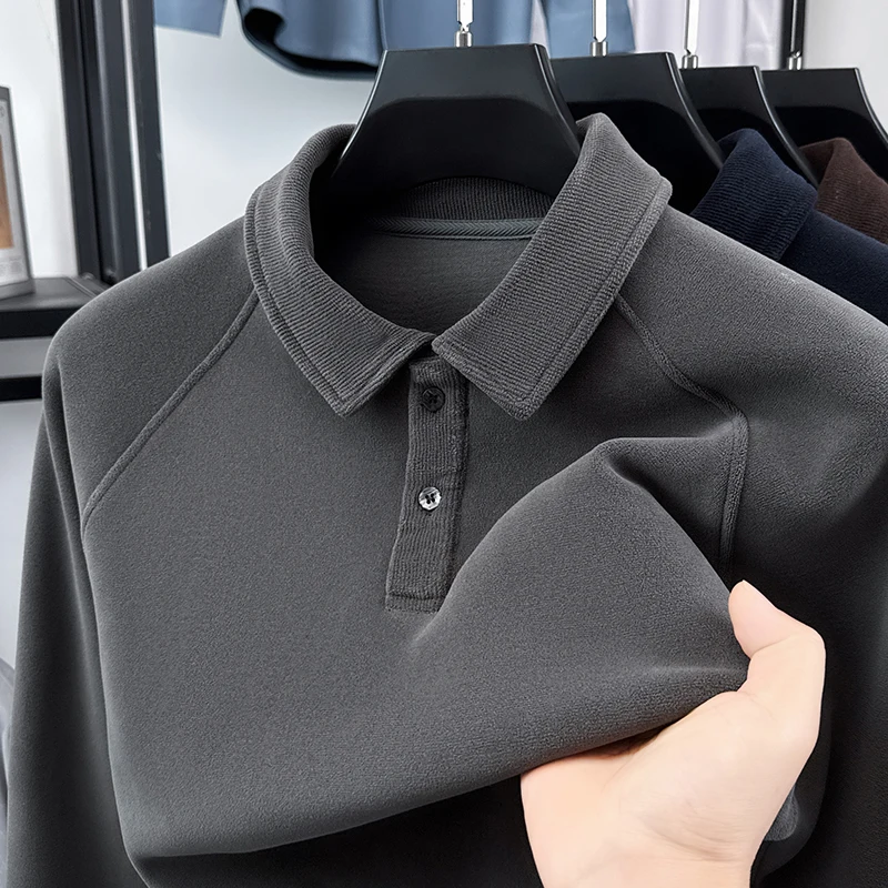 Luxury Quality Man Long-Sleeved Sweatshirt Lapel Button Fleece-Lined Thickened Spring New Long Sleeves FashionTrend MensClothing