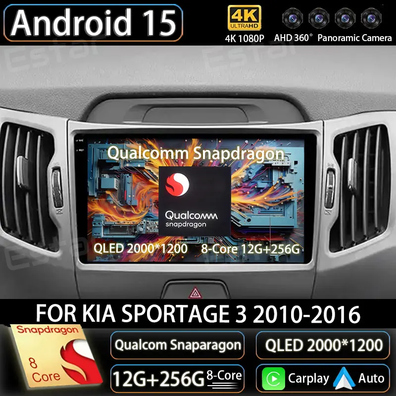 Автомобильный радиоприемник Android 15 для Kia Sportage 3 SL 2010-2016 Мультимедийный плеер GPS Navi Головное устройство 360 Камера Беспроводной Carplay DSP QLED
