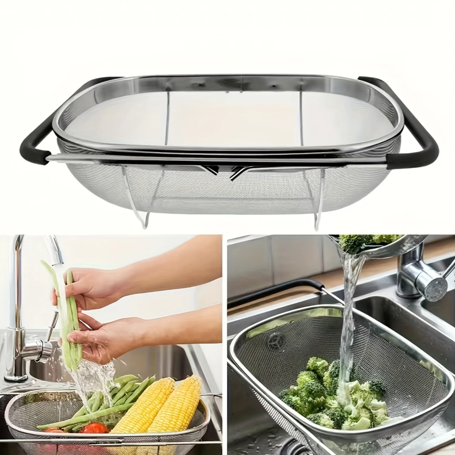 1pc Stainless Steel Oval Colander, Telescopic Mesh Basket for Sink Drain, Washing Fruits & Veggies, Telescopic Strainer Basket,