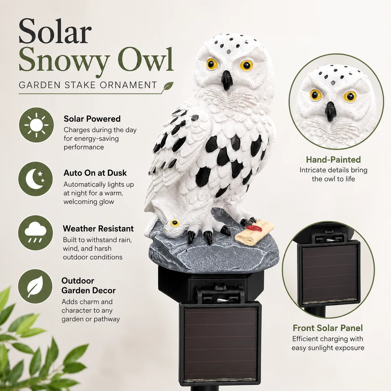 Magical Snowy Owl Solar Garden Stake Light Wizard Letter Scroll Resin Figurine Waterproof Outdoor Yard Pathway LED Landscape