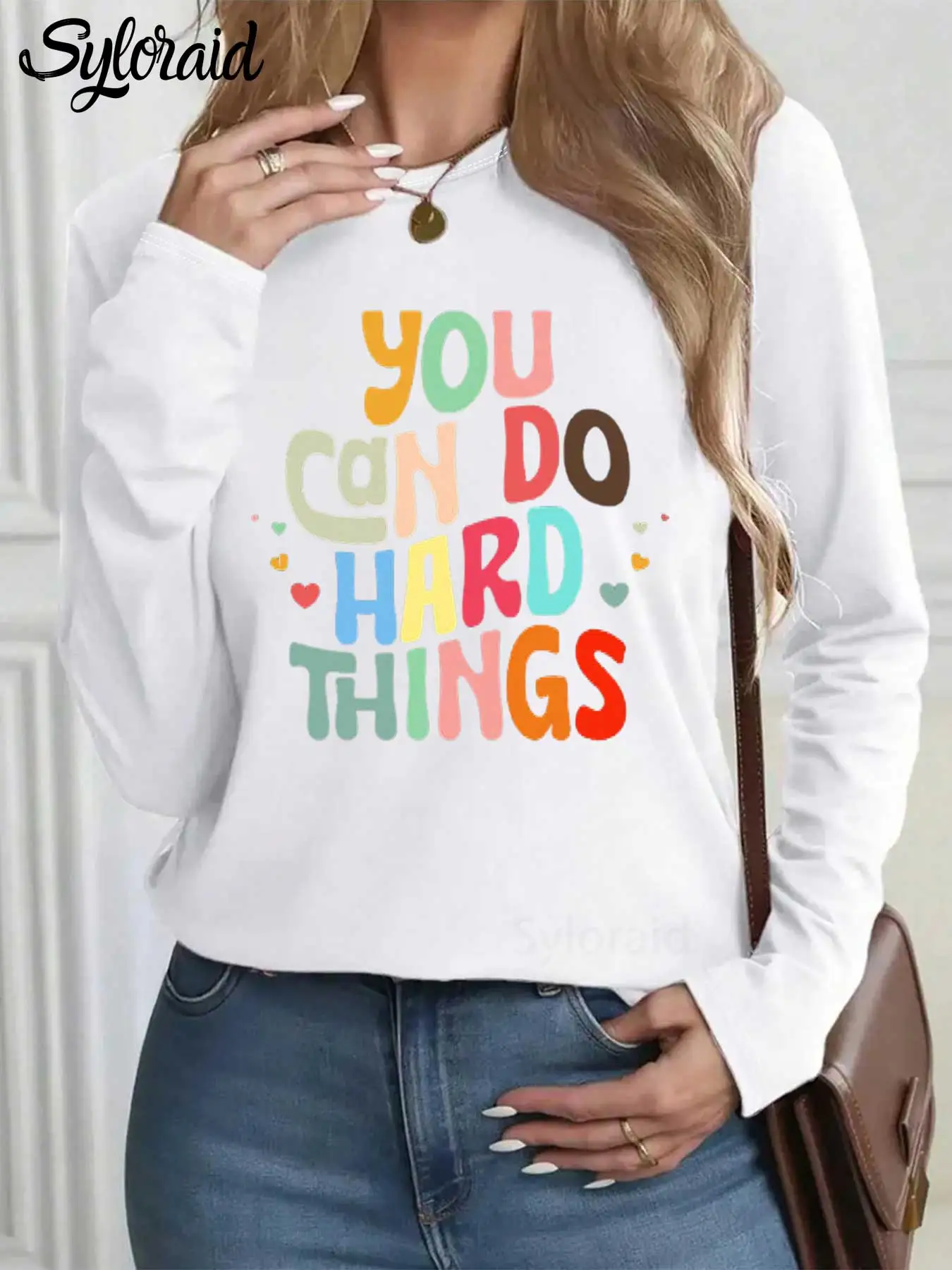 تي شيرت نسائي بأكمام طويلة يمكنك القيام بالأشياء الصلبة، قميص المعلم، قميص مستشار المدرسة، قميص كاجوال برقبة دائرية #1