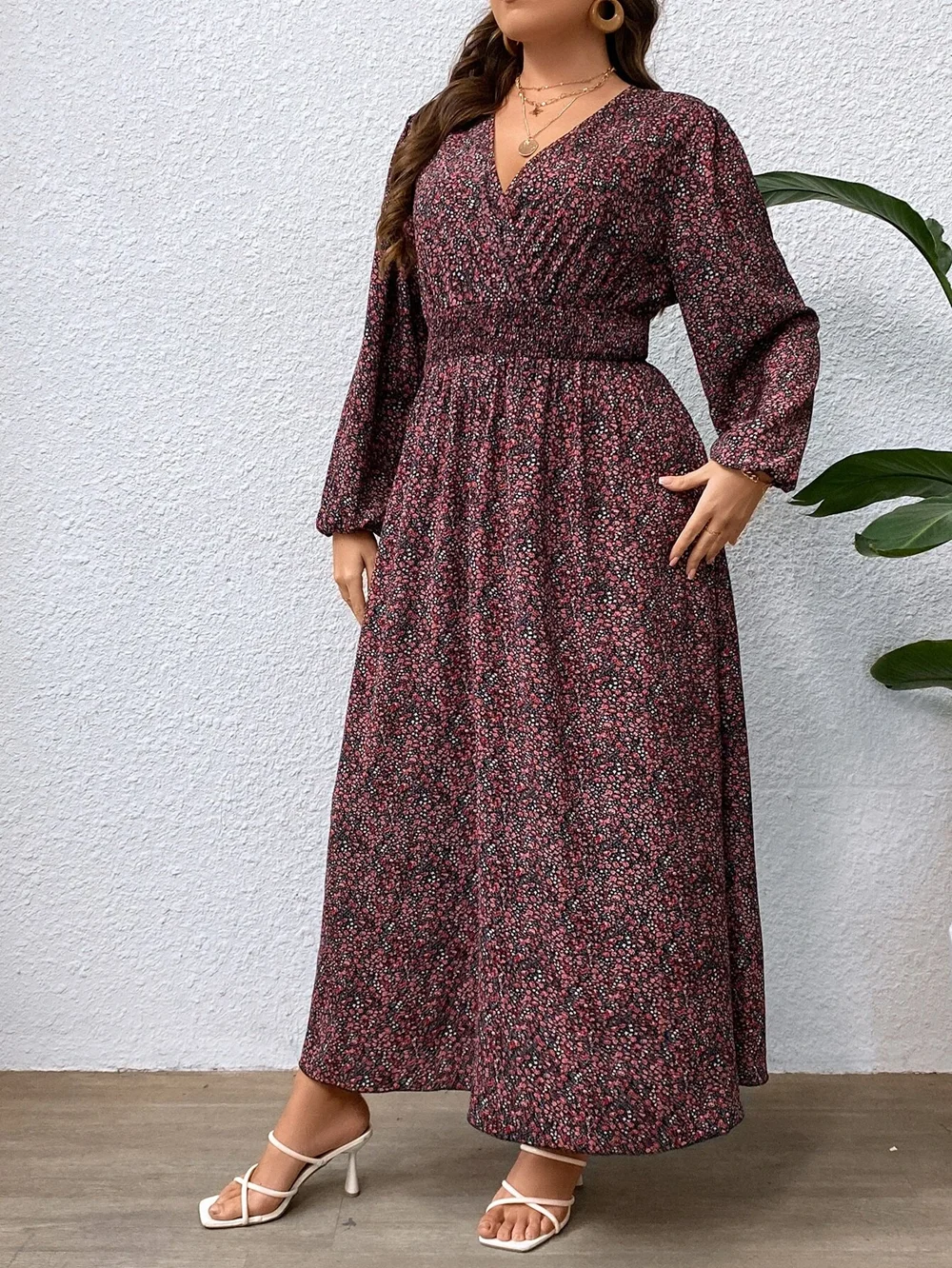 Women\'s Plus Size Waisted V-Neck Dress Fashion Ditsy Floral Print Lantern Sleeve Dresses Women\'s Clothing