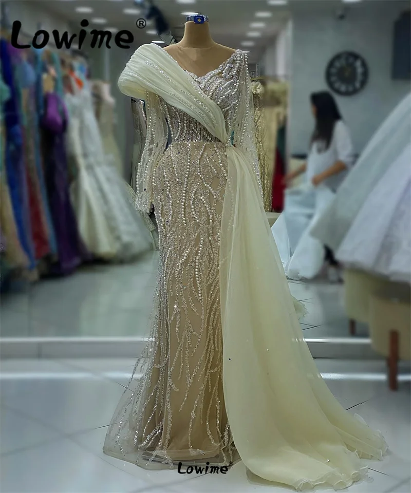 Abendkleider 정장 이브닝 가운, 긴팔 비즈 진주, 맞춤형 아랍어 두바이 무도회 드레스, 웨딩 약혼 파티 원피스