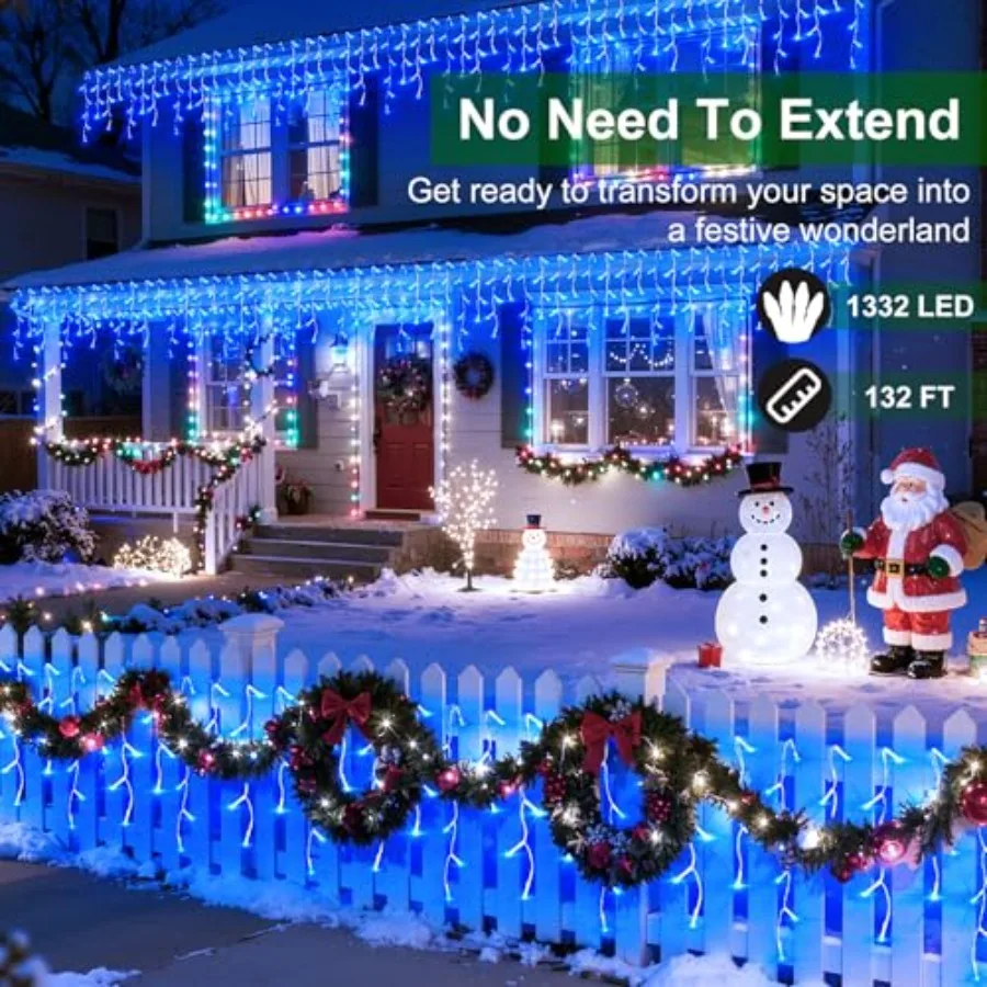 Christmas Lights with 296 Drops132ft 12 Modes Hanging ice String Lights with Timer and Dimmable and Waterproof Plug-in Fairy Li