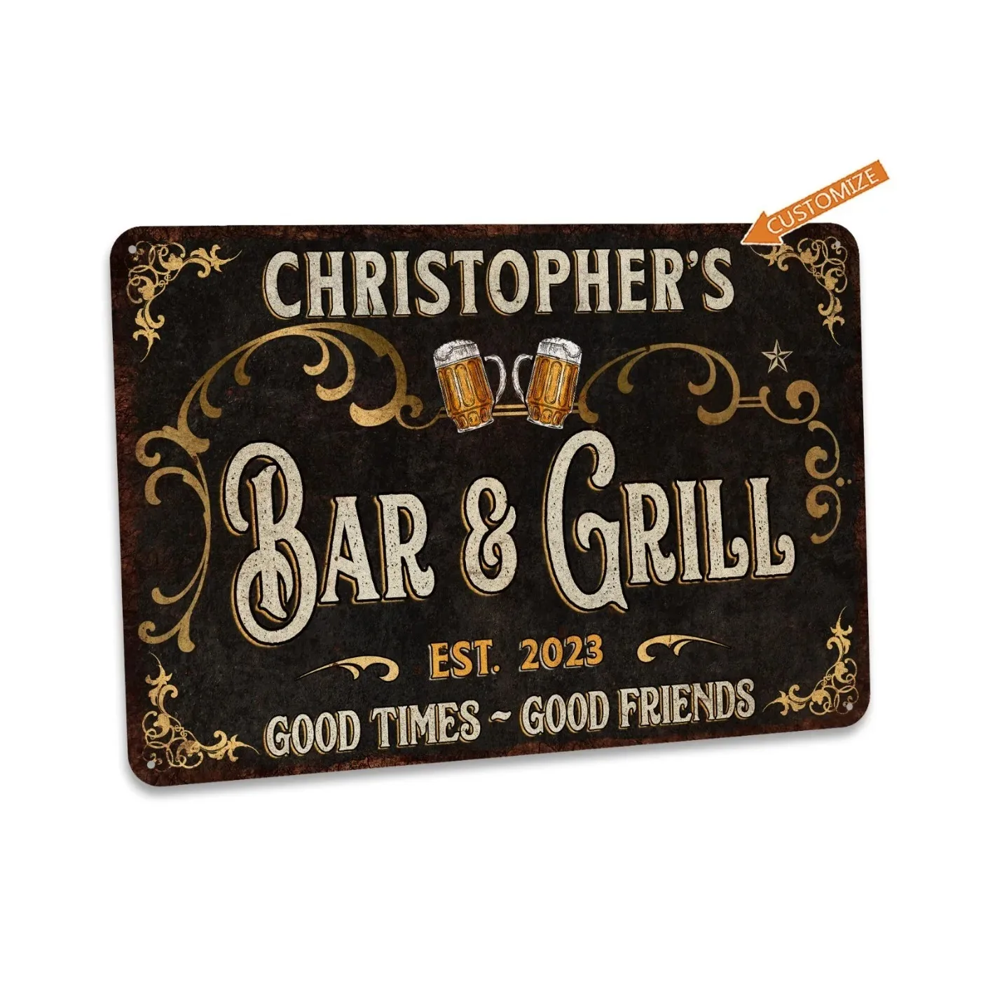1PC Personalized Bar & Grill Metal Sign, Vintage Retro Style, Home Backyard BBQ Decor, Waterproof & Dustproof (Only Decoration)
