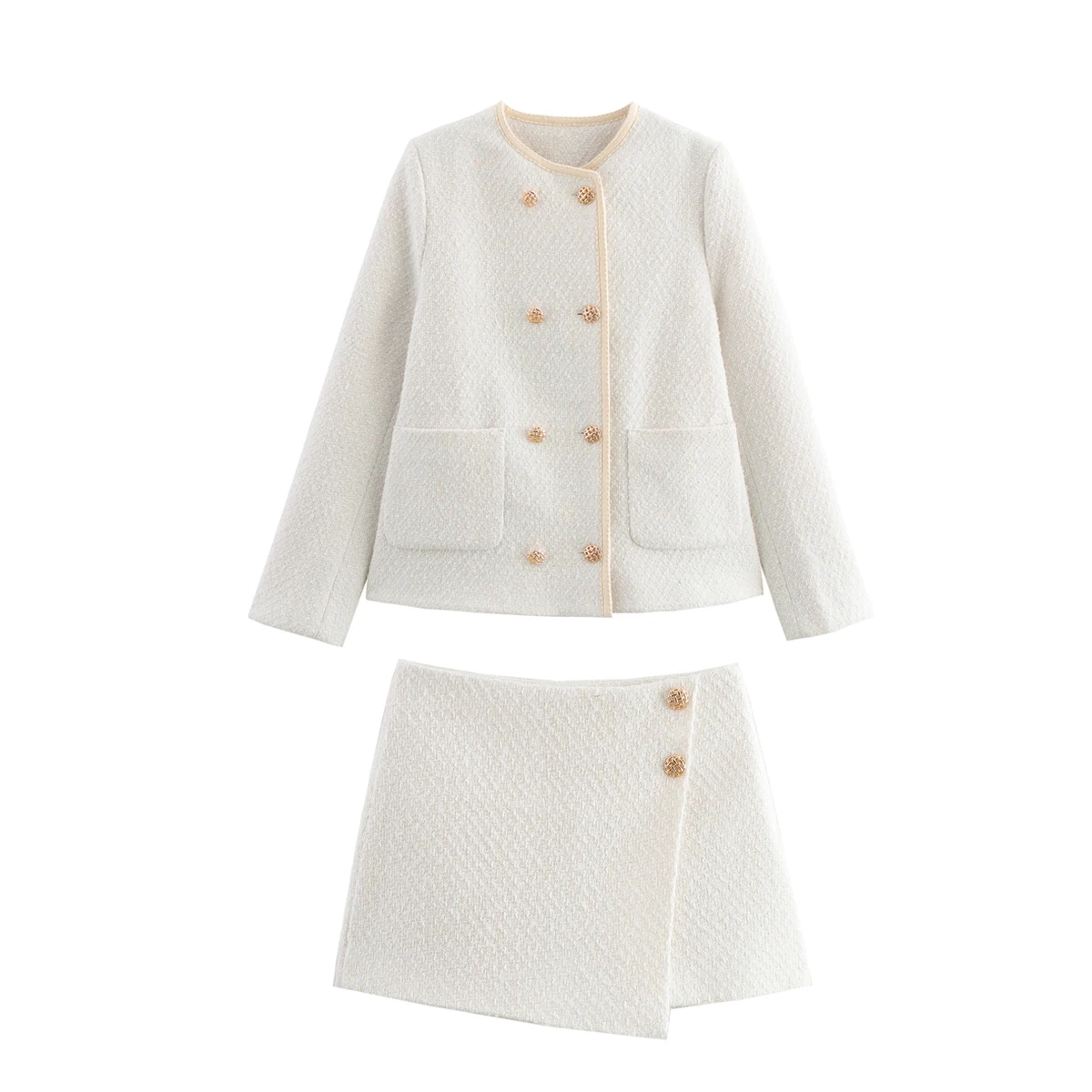 

Women's short skirt suit two-piece double-breasted double-pocket fashionable top coat and jacquard high-end short skirt