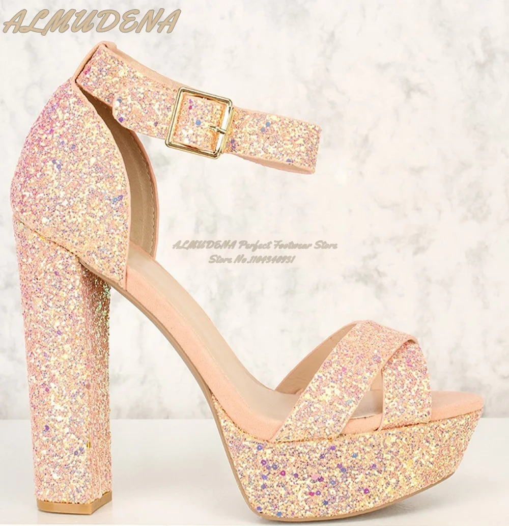 ALMUDENA Pink Bling Bling Sequined Sandals Women Chunky Heel Platform Wedding Shoes Buckle Strap Glitter Party Footwear Size47