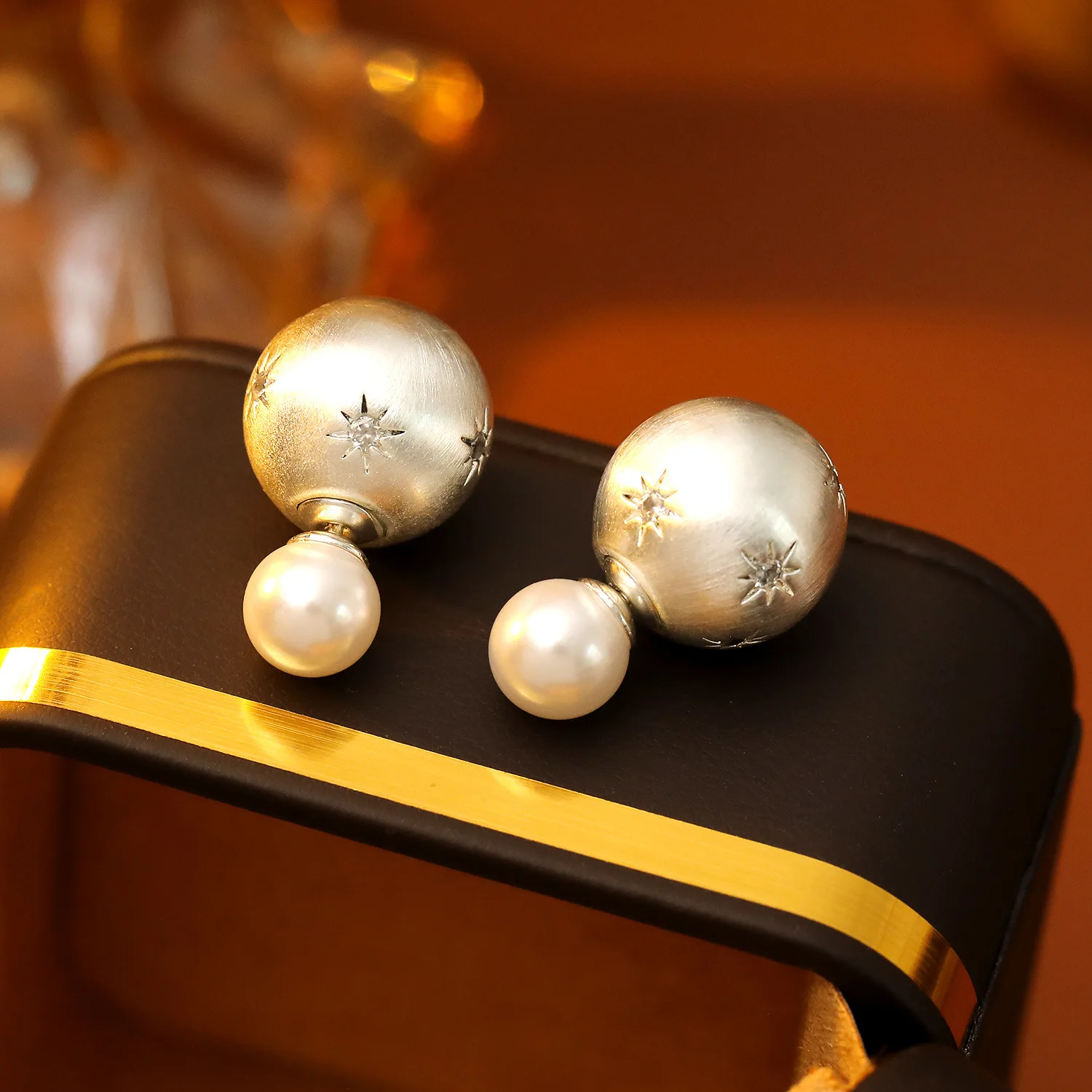 Classic High Quality S925 Silver Needle Brushed Star Earrings 18K Gold Plated French Vintage Round Hemisphere Star Drop Earrings