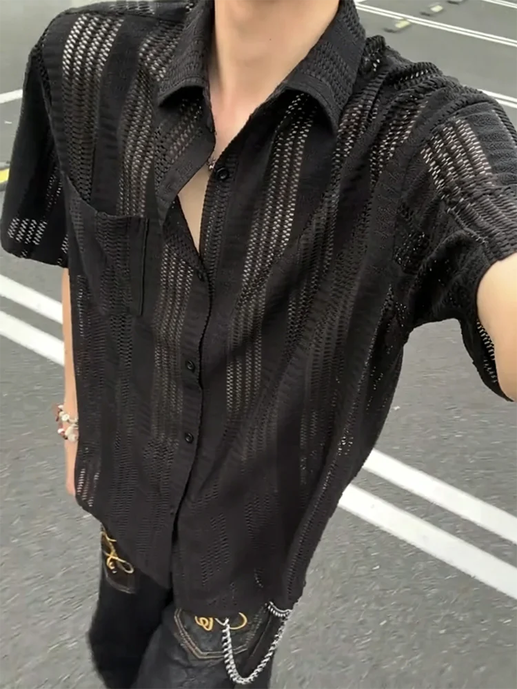 Men's Black Hollow out Ice Silk Short Sleeve Shirt Summer Sun Protection Breathable Loose Fit American Style Casual Shirt