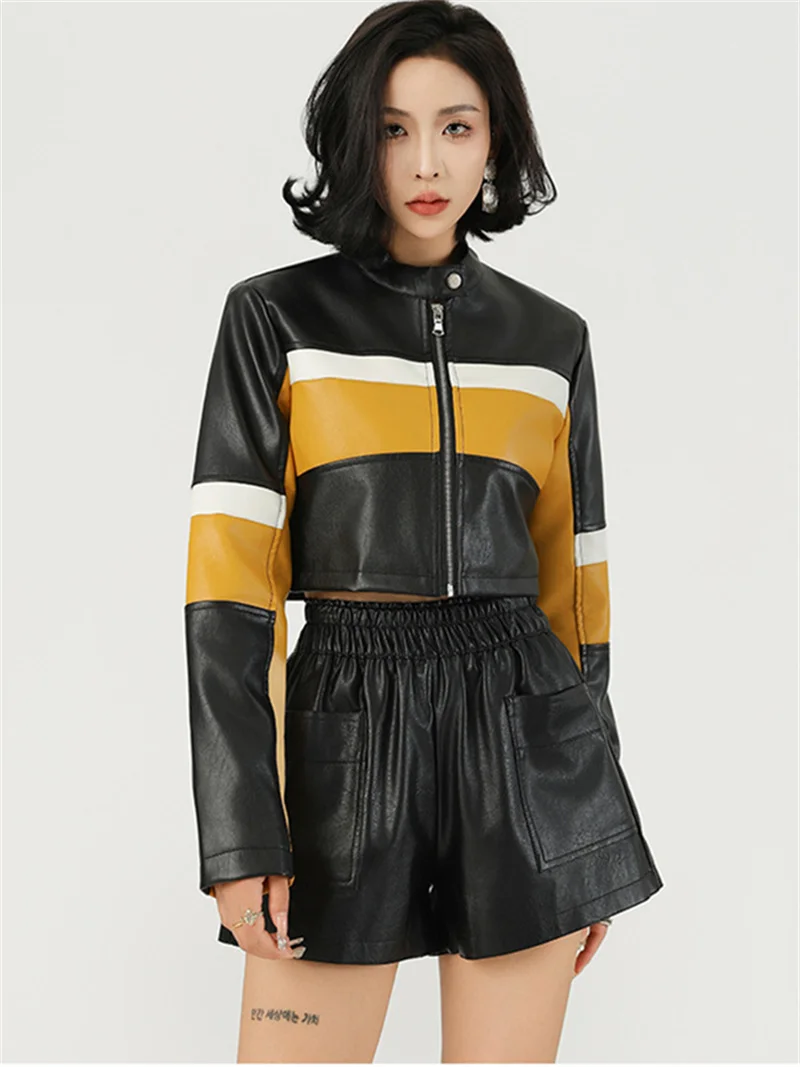 Moda kontrastowa łączona skóra bardzo krótka kurtka damska szczupła seksowna kurtka kurtka motocyklowa Streetwear PU odzież wierzchnia wiosna jesień