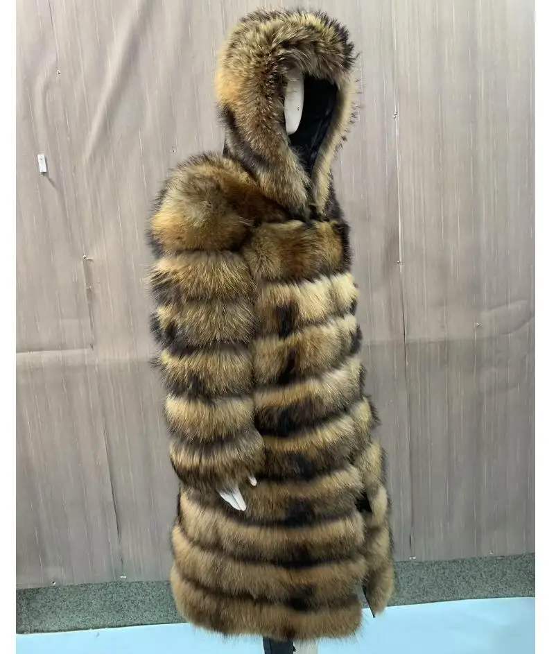 Waschbärpelzmantel für Damen mit Mütze, abnehmbaren Ärmeln, umwandelbare Weste, luxuriöser, dicker, warmer langer Mantel