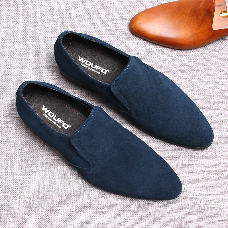 

HKDQ Classic Black Blue Mens Suede Loafer Calf Genuine Leather Handcrafted Slip-on Wedding Dress Shoes Party Formal Shoe For Men