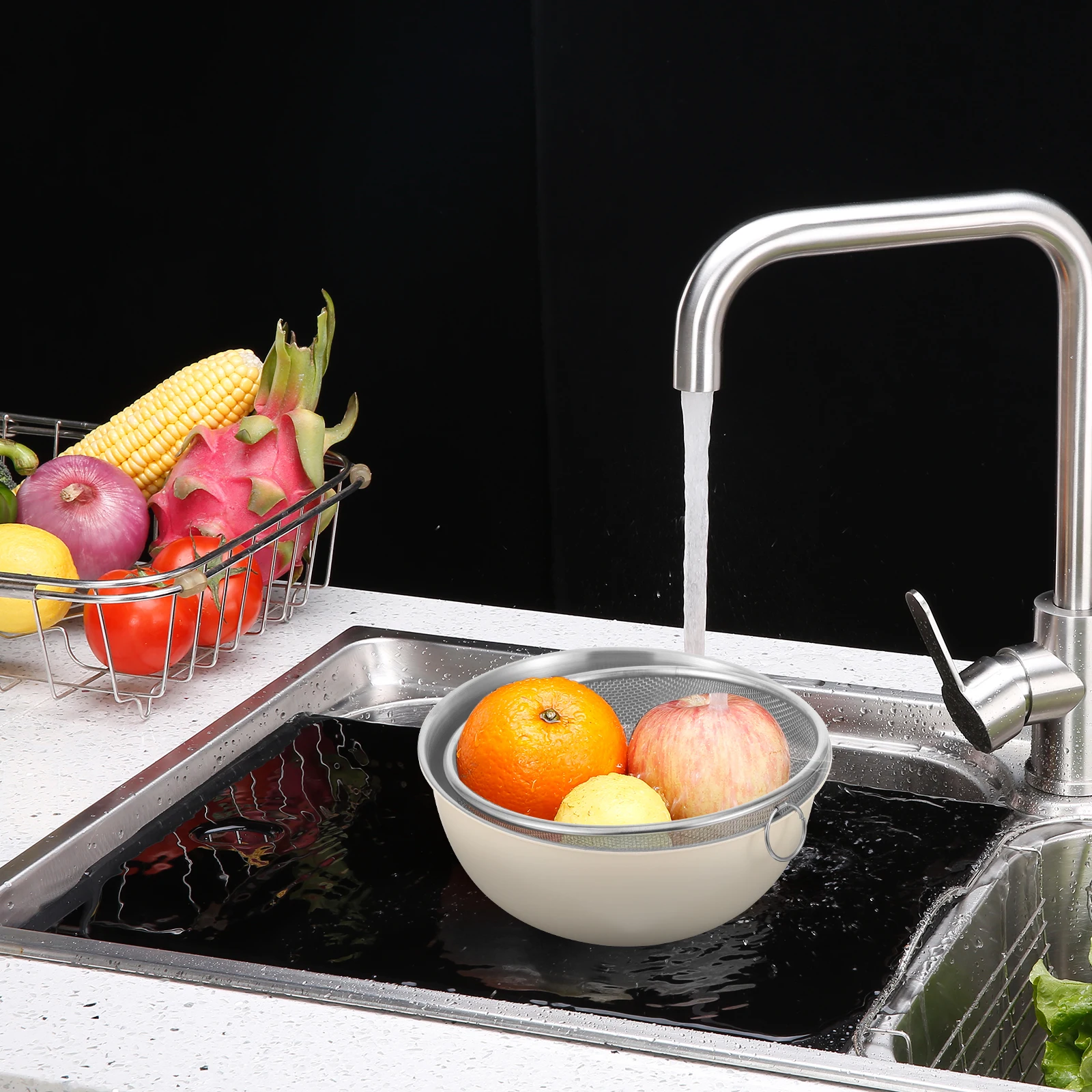 

1 set 1 Set Stainless Steel Fine Mesh Strainer Basket Vegetable Washing Basin Rice Cleaner Kitchen Drainer Fruits Washing Basket