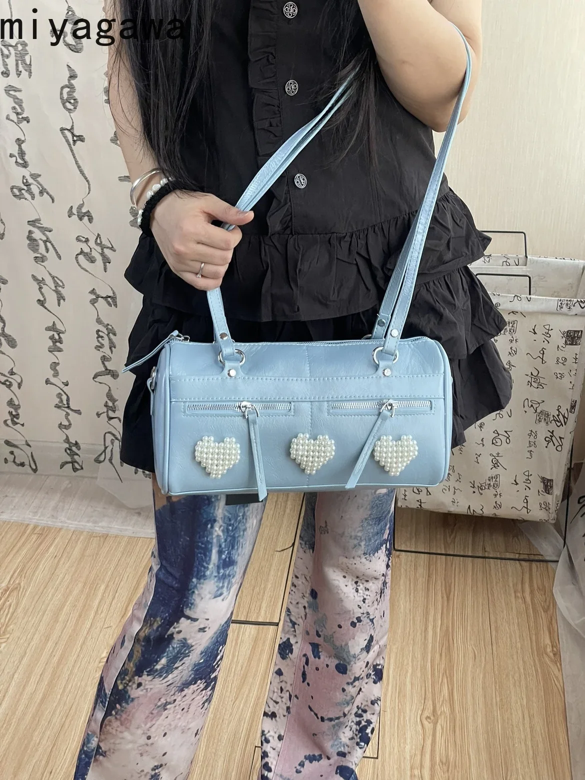 Miyagawa Niche Design Pearl Handbag Spicy Girl Single Shoulder Underarm Bag Korean Versatile Cylindrical Crossbody Bags